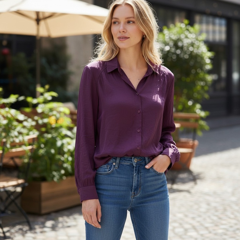 Cloth & Stone Button Down Shirt Womens Small Purple Long Sleeve Viscose Blouse
